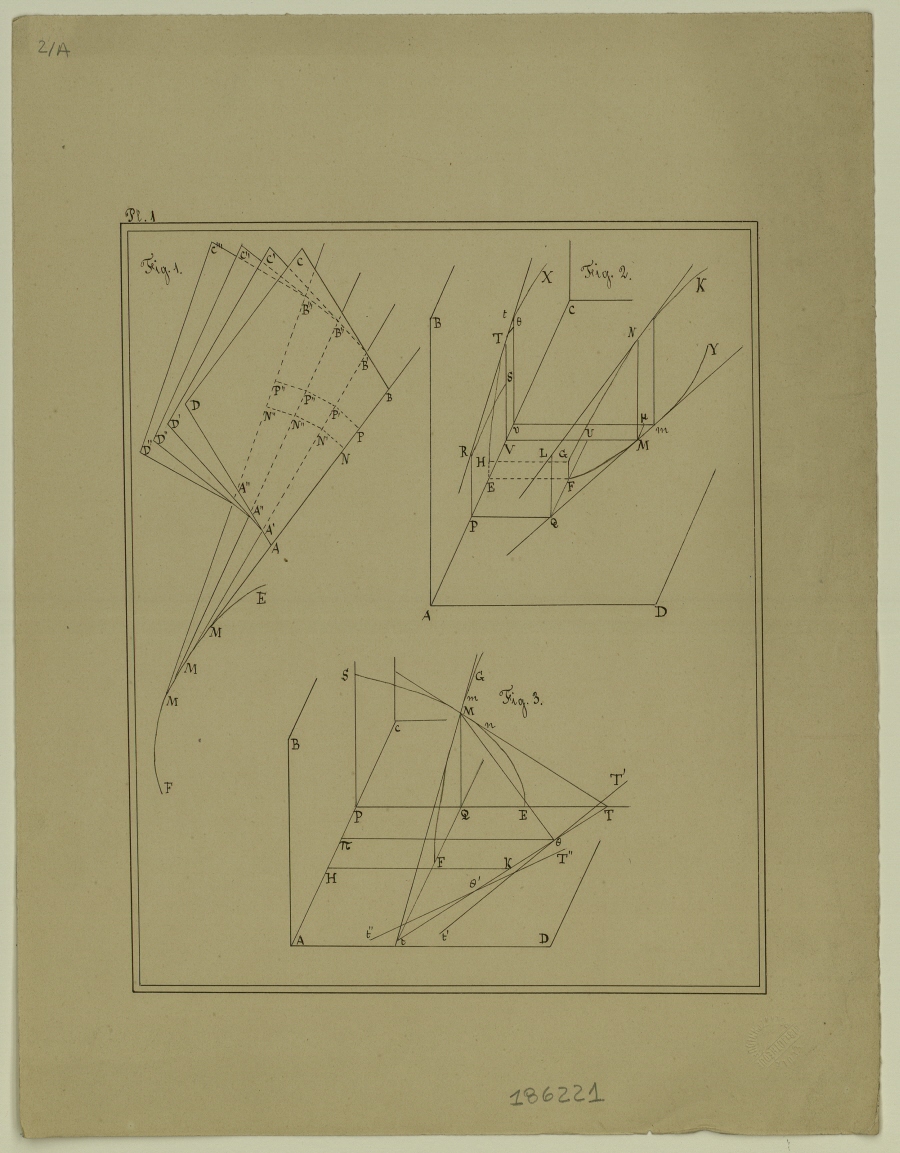 Les planches 1, 2 et 3, illustration du Mémoire sur les propriétés de plusieurs genres de surfaces courbes, particulièrement sur celle des surfaces développables, avec une application à la Théorie des Ombres et des Pénombres, par G. Monge